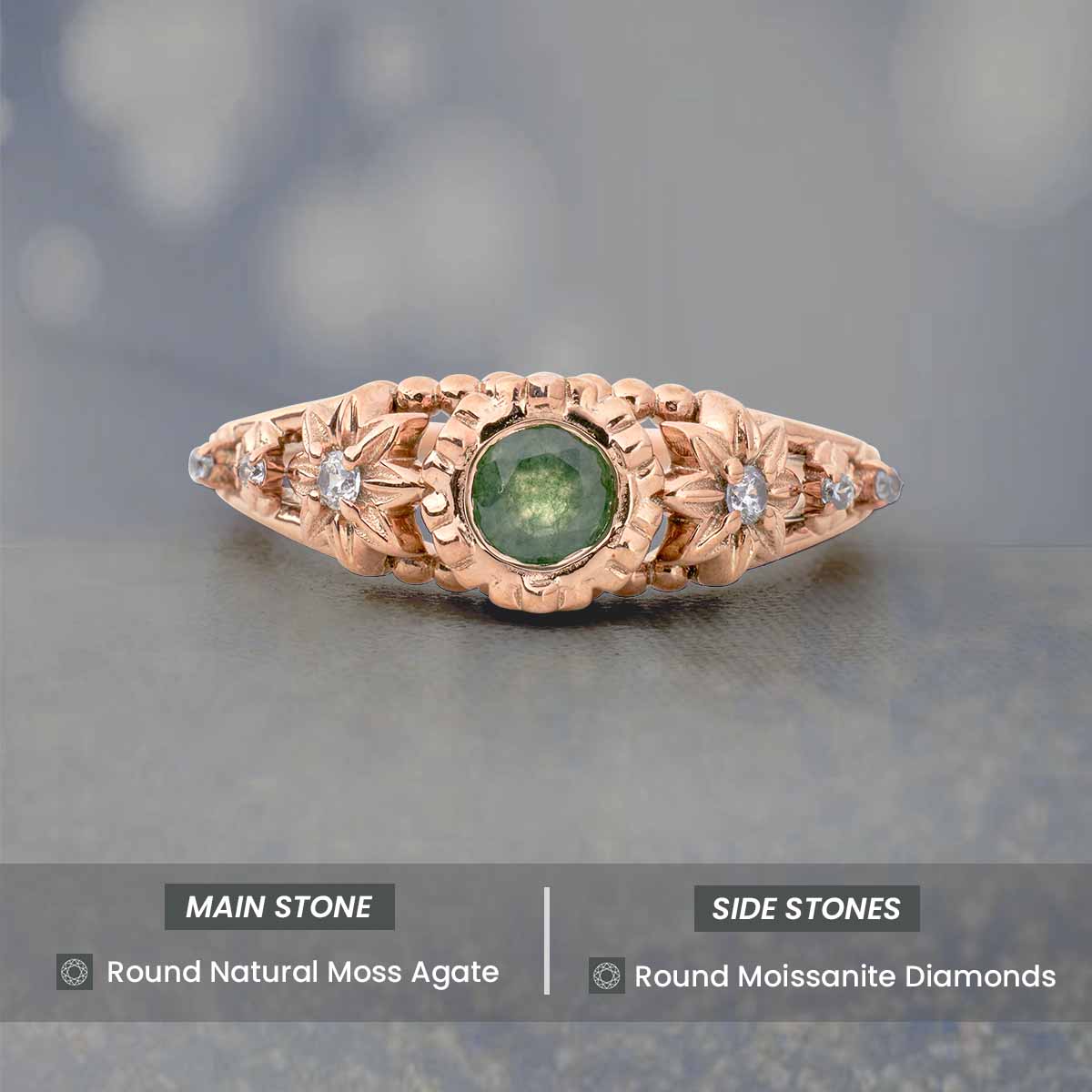 Round Cut Moss Agate Ring Flower Nature Inspired Promise Engagement Rings Rose Gold