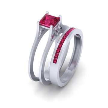 PINK RUBY WEDDING RING SET