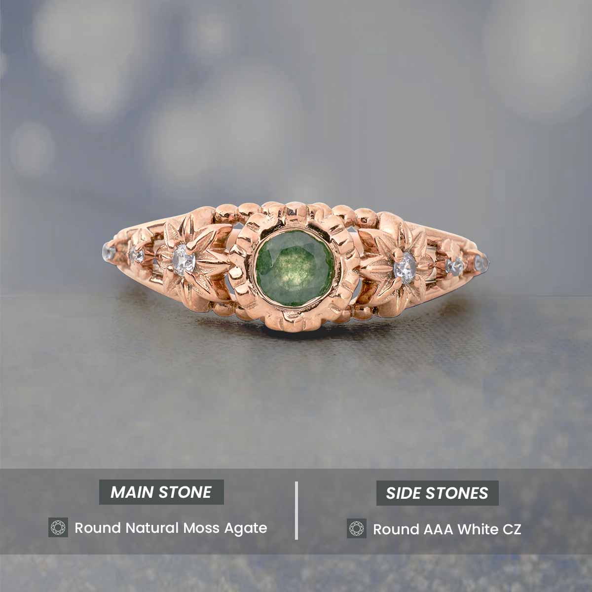 Round Cut Moss Agate Ring Flower Nature Inspired Engagement Rings Rose Gold