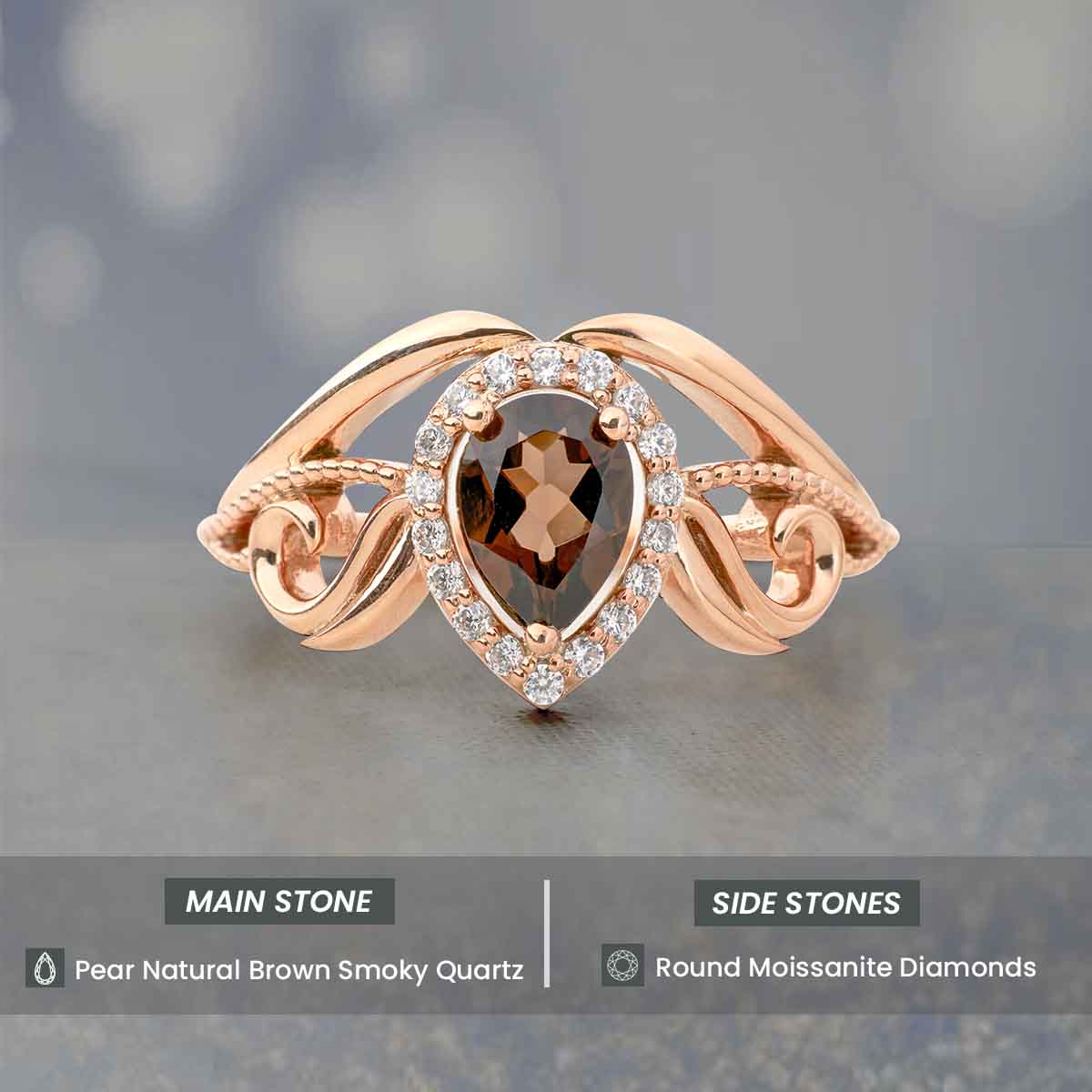 Pear Cut Smoky Quartz Ring Teardrop Brown Gemstone Vintage Engagement Ring Rose Gold