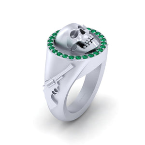 Biker Guns and Skull Wedding Ring Green Emerald White Gold