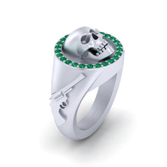 Biker Guns and Skull Wedding Ring Green Emerald White Gold