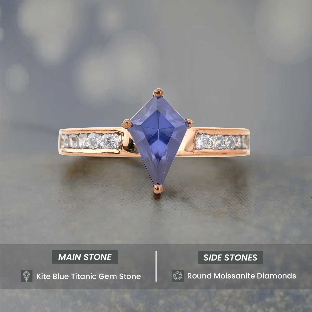 Kite Cut Blue Titanic Gemstone and Moissanite Ring Statement Engagement Rings Rose Gold