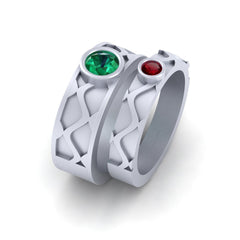 Silver Wedding Bands His Her Matching Emerald and Garnet