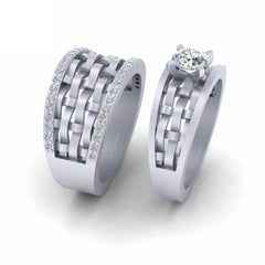 Moissanite Mesh Wedding Ring Set Matching Couple Rings Silver