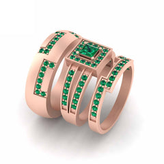 His and Her Wedding Rings Set Couples Halo Emerald Rose Gold