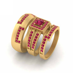 Gold Wedding Rings Set His and Her Couple 1.10TCW Ruby Halo