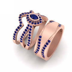 3 Piece Engagement Rings Set His and Hers Sapphire Rose Gold