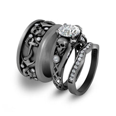Skull Engagement Ring Anchor Wedding Band Set