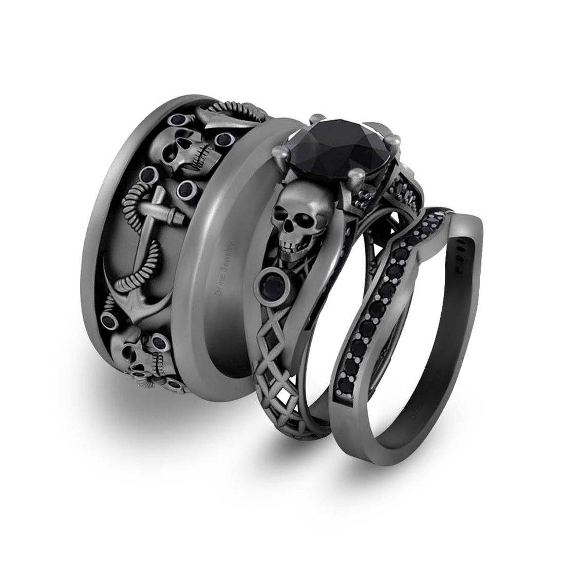Onyx Anchor Skull Wedding Ring Set