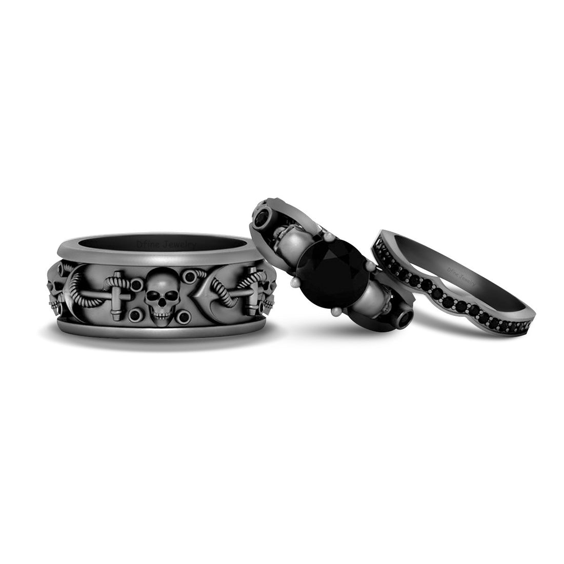 Onyx Anchor Skull Wedding Ring Set