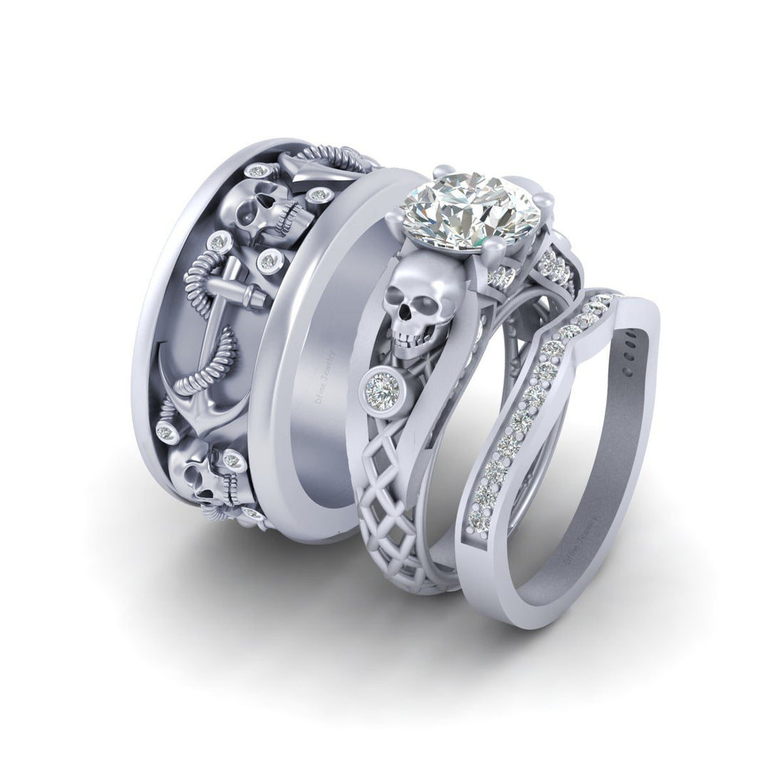 SKULL ANCHOR COUPLE WEDDING RING SET