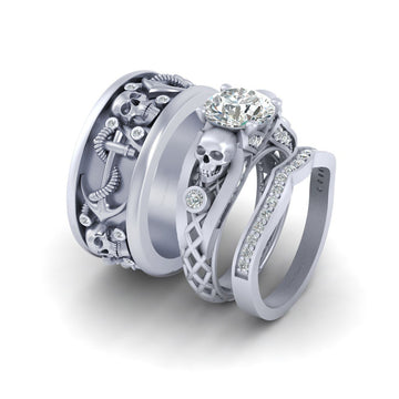 SKULL ANCHOR COUPLE WEDDING RING SET