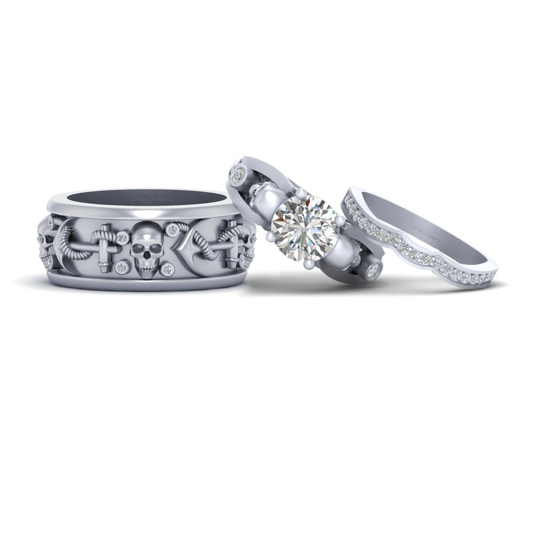 SKULL ANCHOR COUPLE WEDDING RING SET