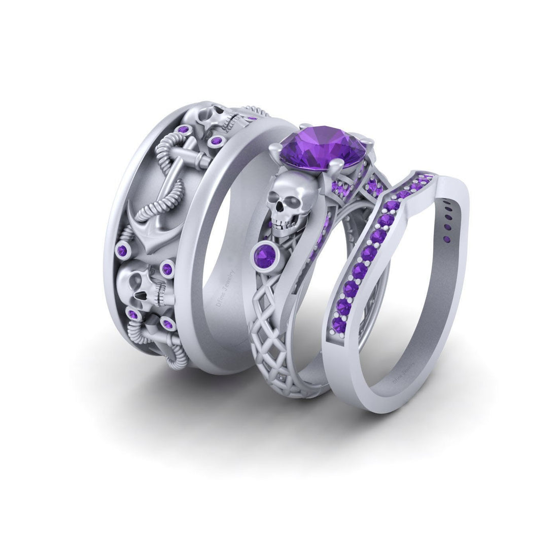 Amethyst Anchor Skull Wedding Rings