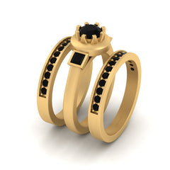 Onyx Engagement Ring Set 3 Stone Bridal Wedding Ring Band Set Gold
