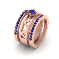 Solitaire Sapphire Wedding Bands Rose Gold Bridal Wedding Ring Set