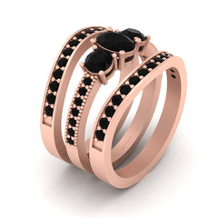 Three Stone Engagement Ring Set Black Onyx 3 Stone Bridal Ring Sets