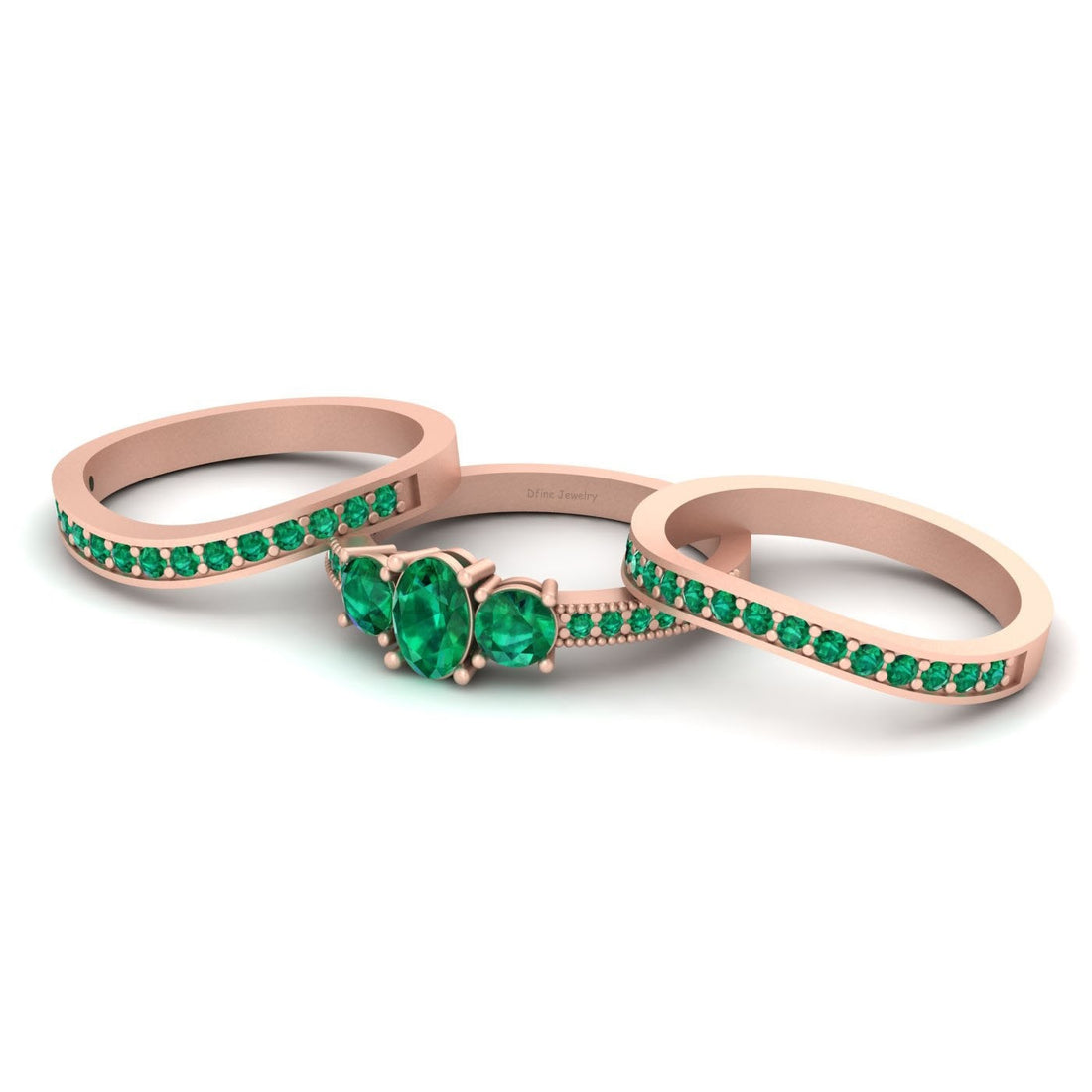 3 STONE BRIDAL WEDDING RING SET