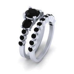 3 Stone Onyx Engagement Ring Set White Gold Wedding Ring Band Set