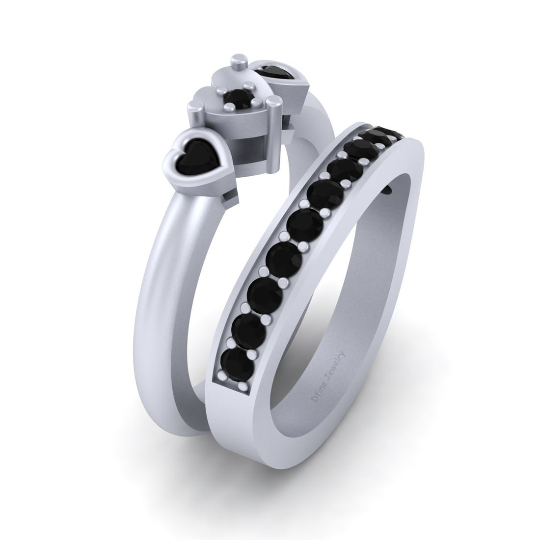 3 STONE HEART WEDDING RING SET