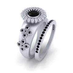 Black Diamond Engagement Ring Set Floral Bridal Wedding Set