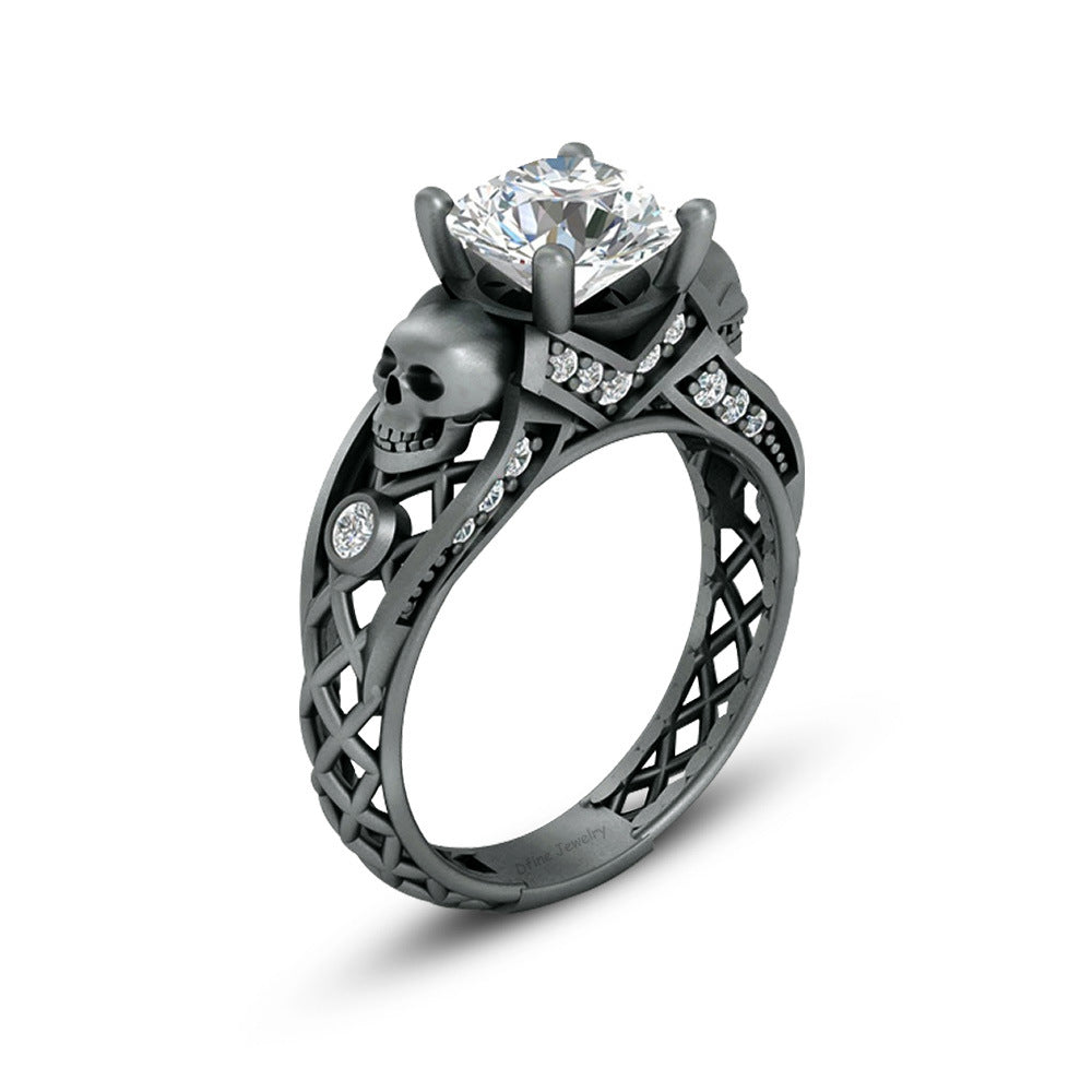 2.45TCW Diamond Skull Ring Set Mesh Gothic Gun Metal Finish