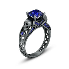 Blue Sapphire Skull Engagement Ring Mesh Skull Ring Gun Metal Finish