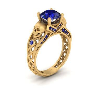 Sapphire Skull Wedding Ring Criss Cross Mesh Skull Ring Solid 10k Gold