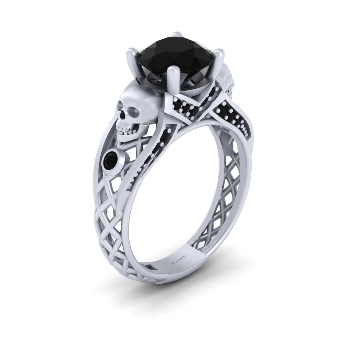 Onyx Skull Wedding Ring Set Mesh Gothic Skull Ring White Gold