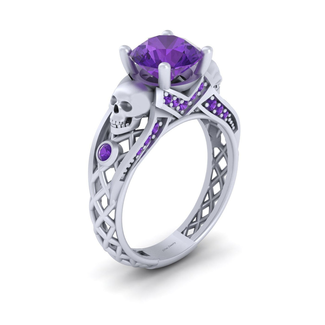 Amethyst Skull Bridal Ring Set Mesh Gothic Rings Sterling Silver