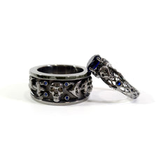 Matching Skull Couple Set Blue Sapphire Gothic Wedding Rings