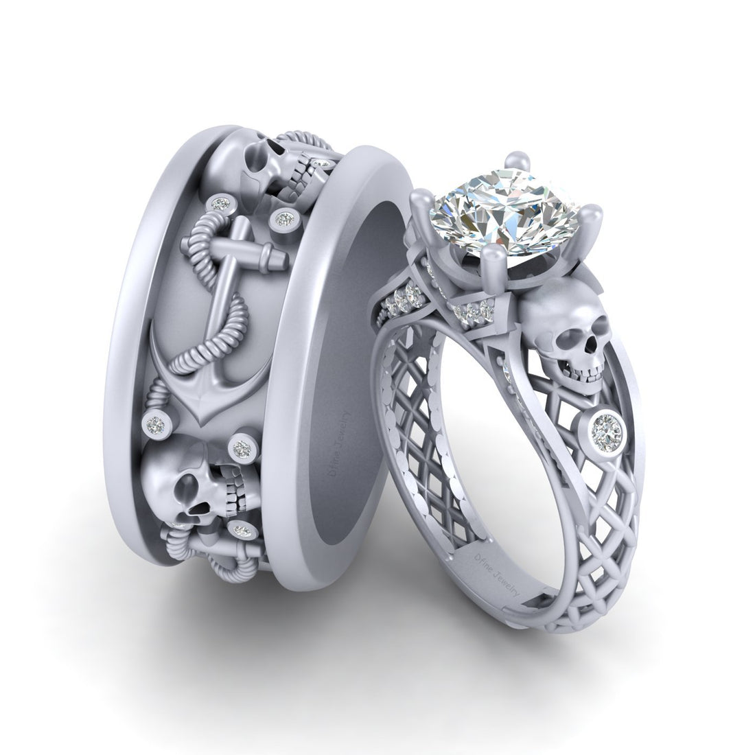 DIAMOND SKULL COUPLE RINGS Skull Engagement Ring Band Set