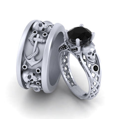 Skull Engagement Ring Set Anchor Skull Matching Couple Rings