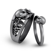 Doctor Logo Skull Wedding Rings His and Her Matching Set Silver