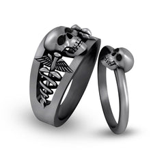 Doctor Logo Skull Wedding Ring Set His Her Gothic Couple Rings