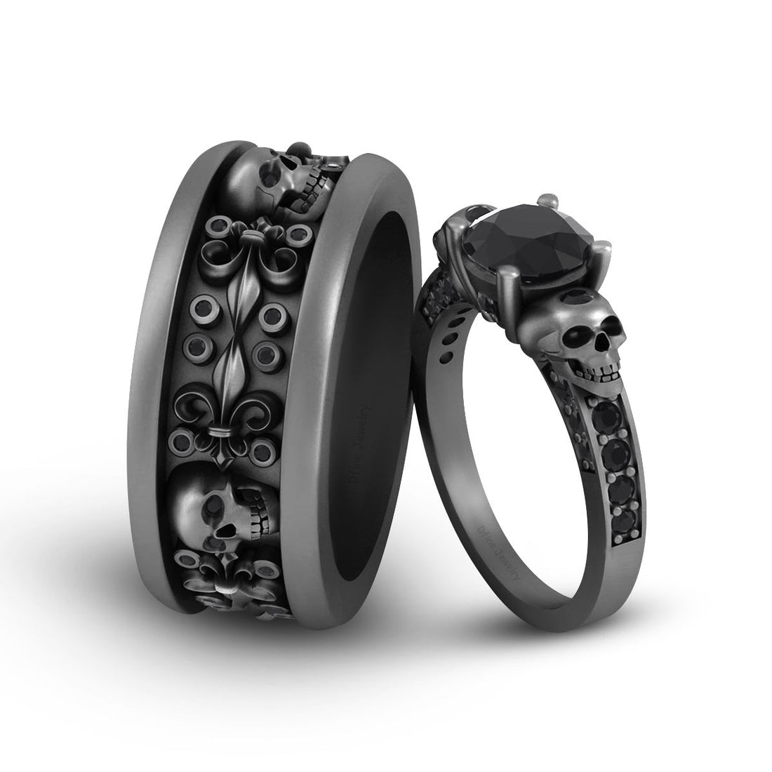 Gothic Engagement Ring Set For Couple, Flower Skull Wedding Rings