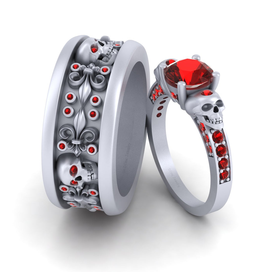Garnet Skull Wedding Ring Set