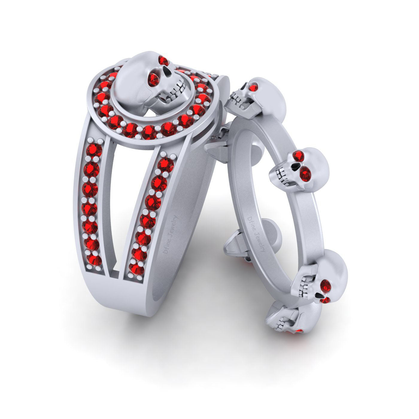 Red Garnet Skull Wedding Rings