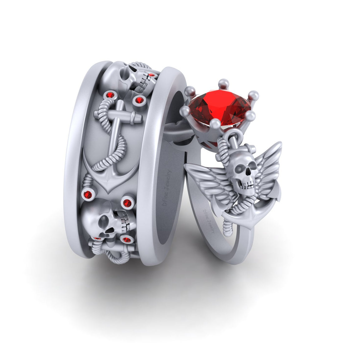 Anchor Wings Skull Wedding Rings