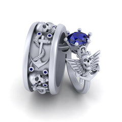 Matching Skull Engagement Rings Couple Anchor Wings Gothic