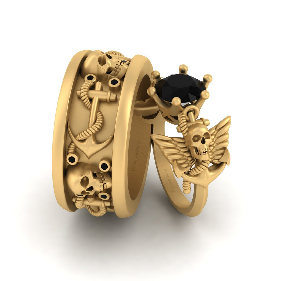 Gold Skull Wedding Ring Set