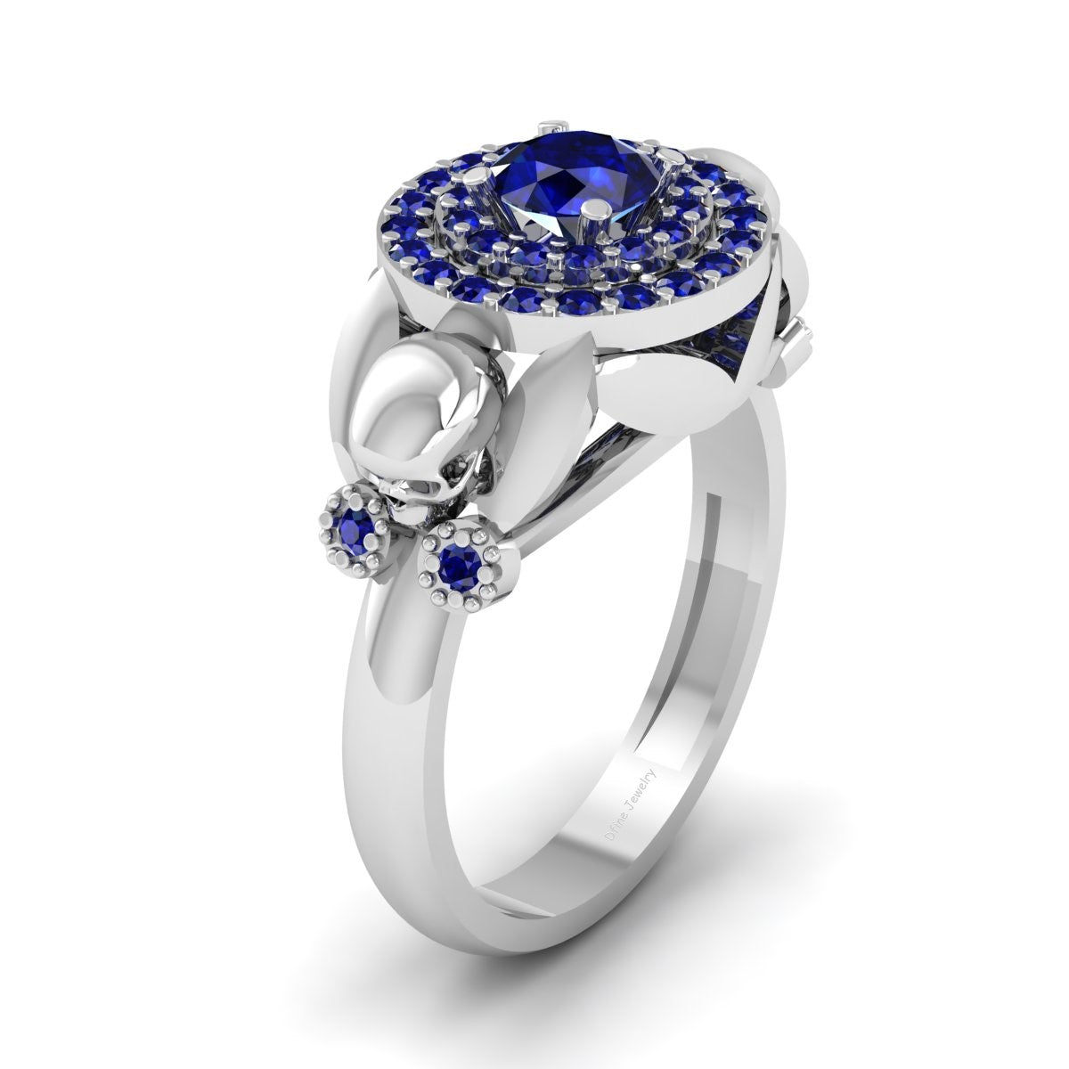 Halo Sapphire Skull Wedding Ring Set