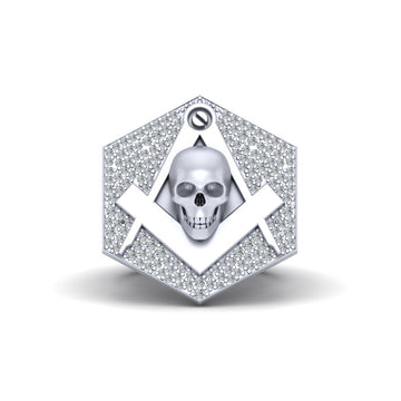 Entered Apprentice Masonic Ring, Mason Square Compass Freemason Skull Ring Made of Solid 925 Sterling Silver or Solid White Gold, Round Cut Approx 0.50cttw White Simulated Diamonds Mason Jewelry, Graduation Gift for Him.