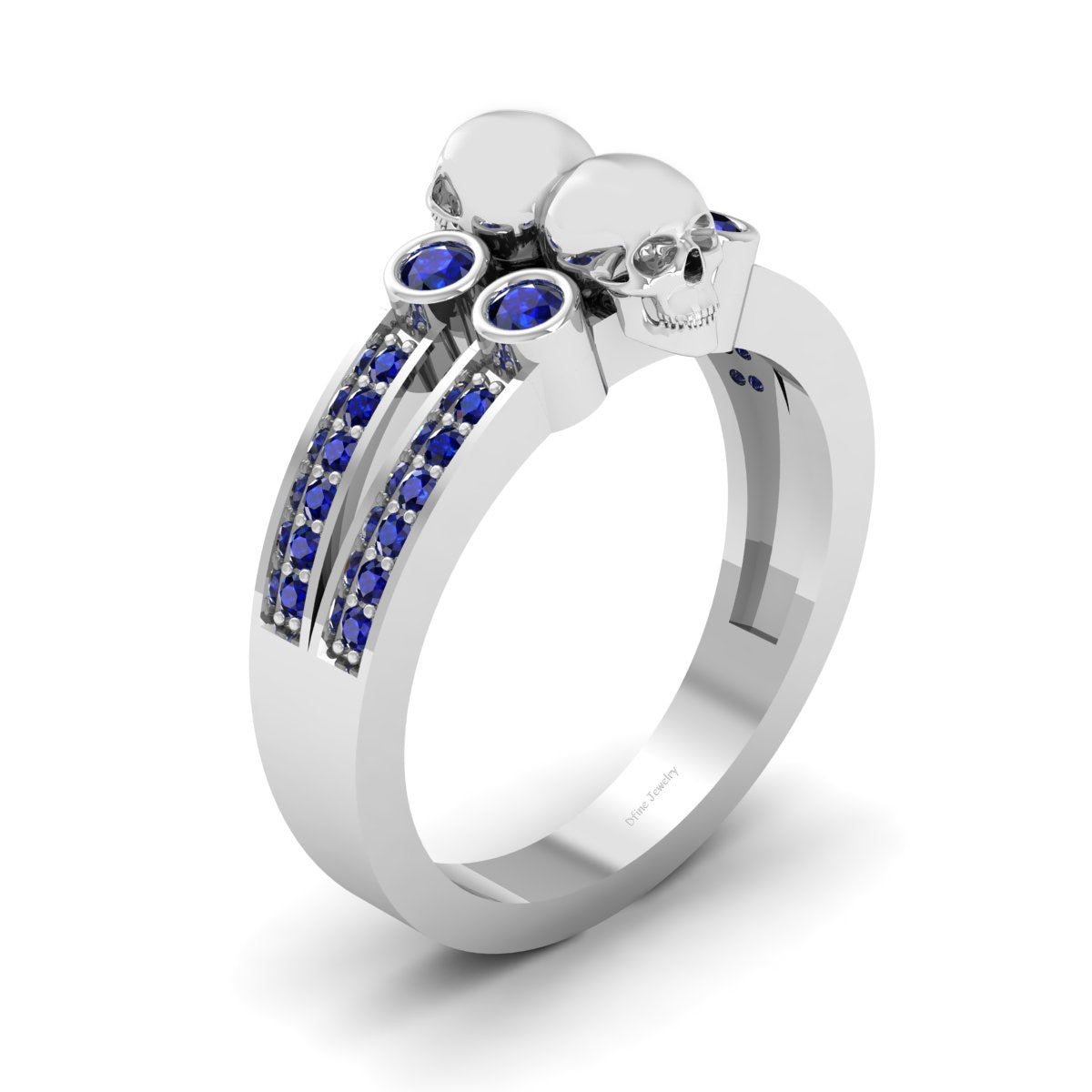 Halo Sapphire Skull Wedding Ring Set