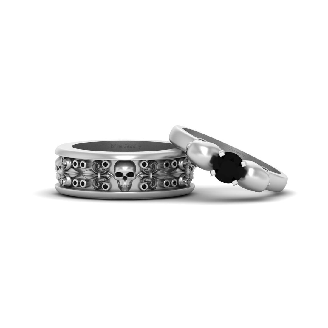French Flower Skull Wedding Ring Set