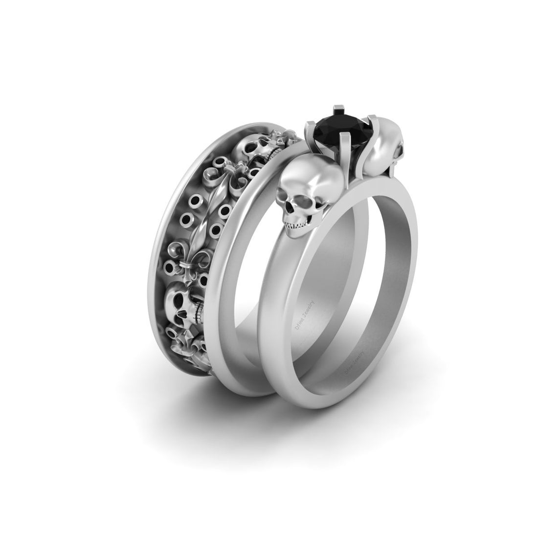 French Flower Skull Wedding Ring Set