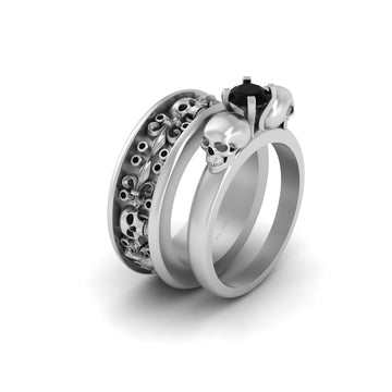 French Flower Skull Wedding Ring Set