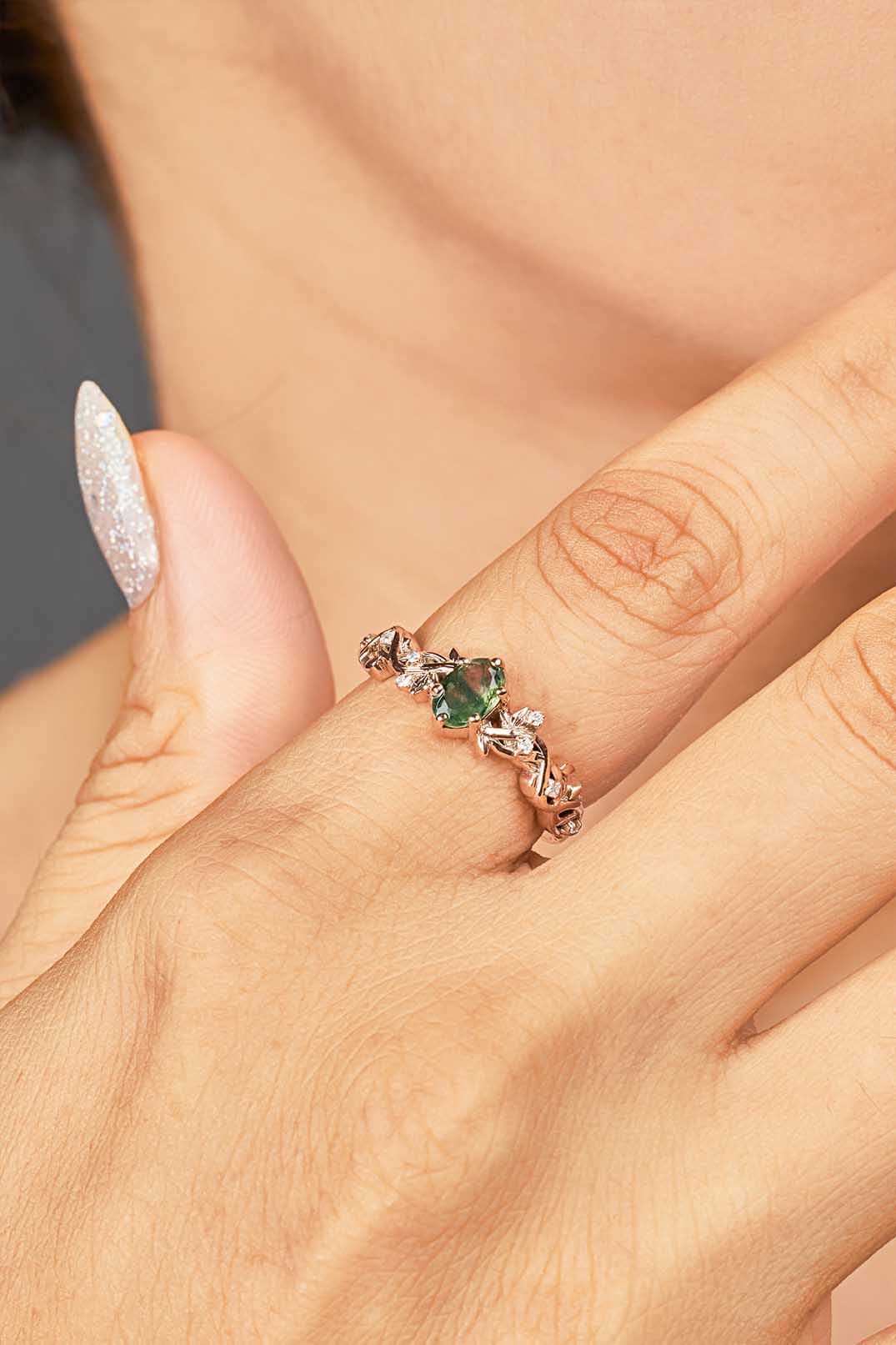 Oval Moss Agate Ring Nature Inspired Women's Engagement Ring Rose Gold White Gold Sterling Silver