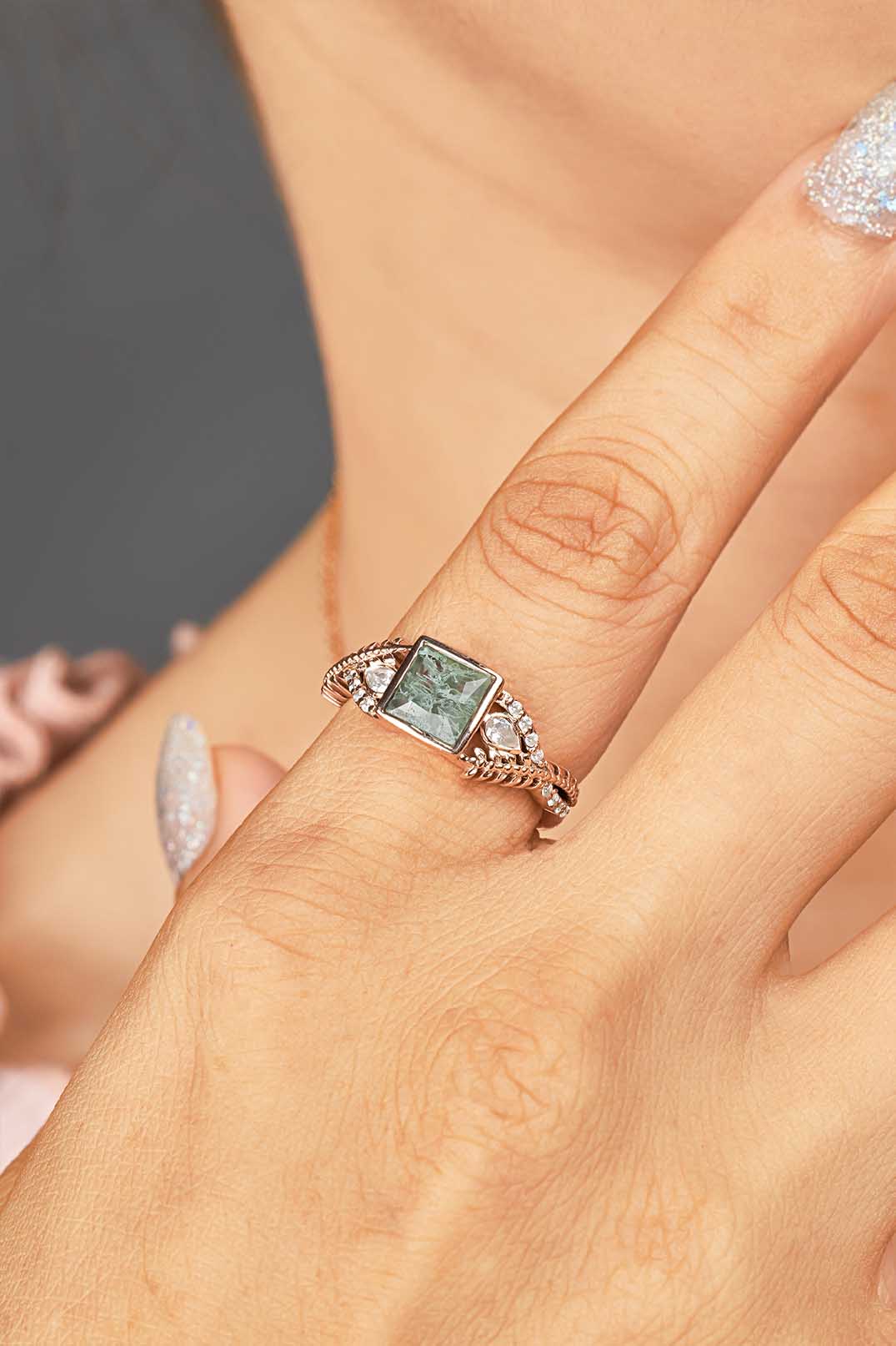 Women's Moss Agate Ring Nature Inspired Engagement Rings Rose Gold White Gold